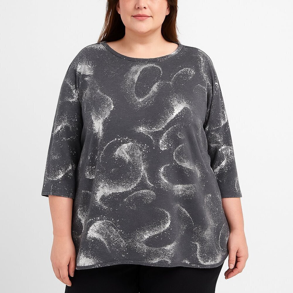 Emily Daniels 1X Metallic Silver Swirl Print Gray 3/4 Sleeve Tunic Top